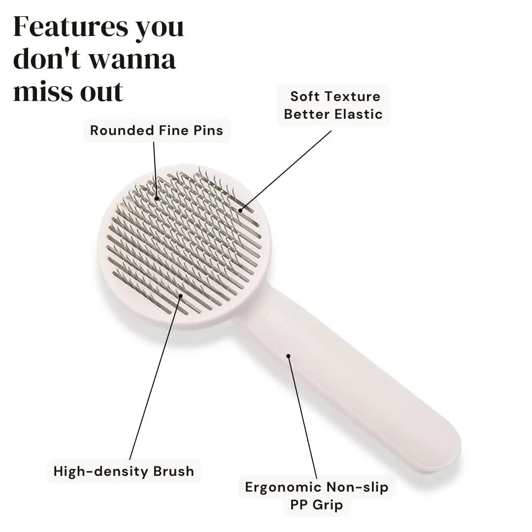 Self-cleaning slicker brush for pet grooming with ergonomic rubber handle in blue, grey, or pink