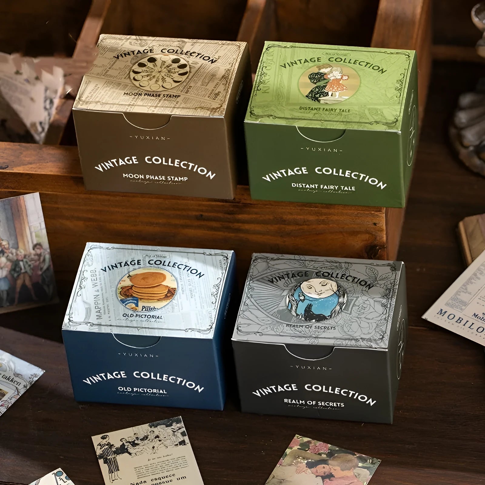 Retro style sticker collection showing 4cm by 6cm dimensions with Secret Land colour design