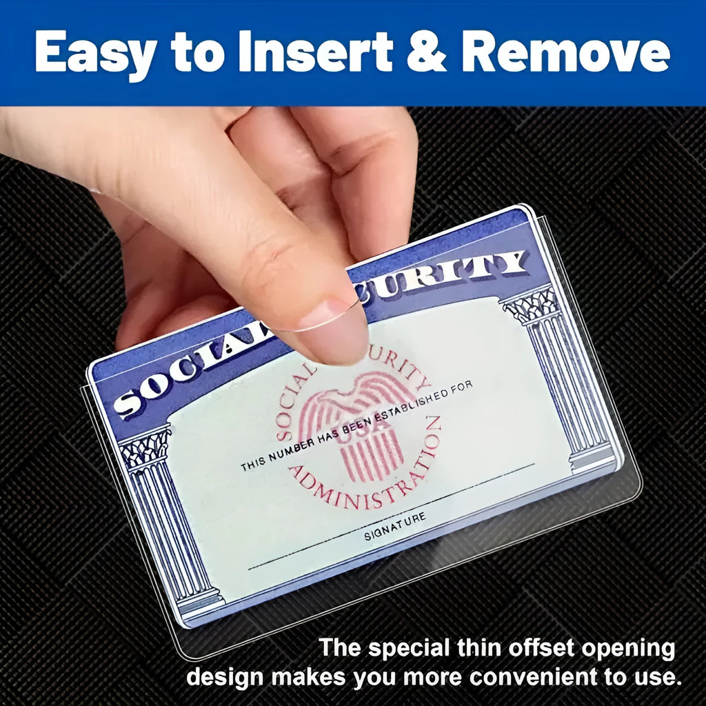 Clear transparent PVC wallet holding a social security card, showing waterproof cover dimensions of 9.7cm by 5.9cm.