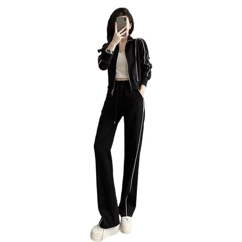 Women's casual two-piece set in white with short zipper sweater and wide leg trousers, polyester fabric, collage stitching
