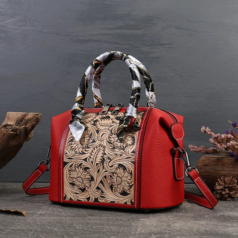 Genuine cowhide leather vintage-style messenger bag in horizontal square shape on a model.