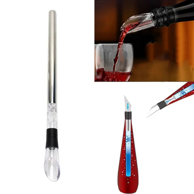 Stainless steel wine bottle cooler stick with acrylic pourer, shown in silver finish.