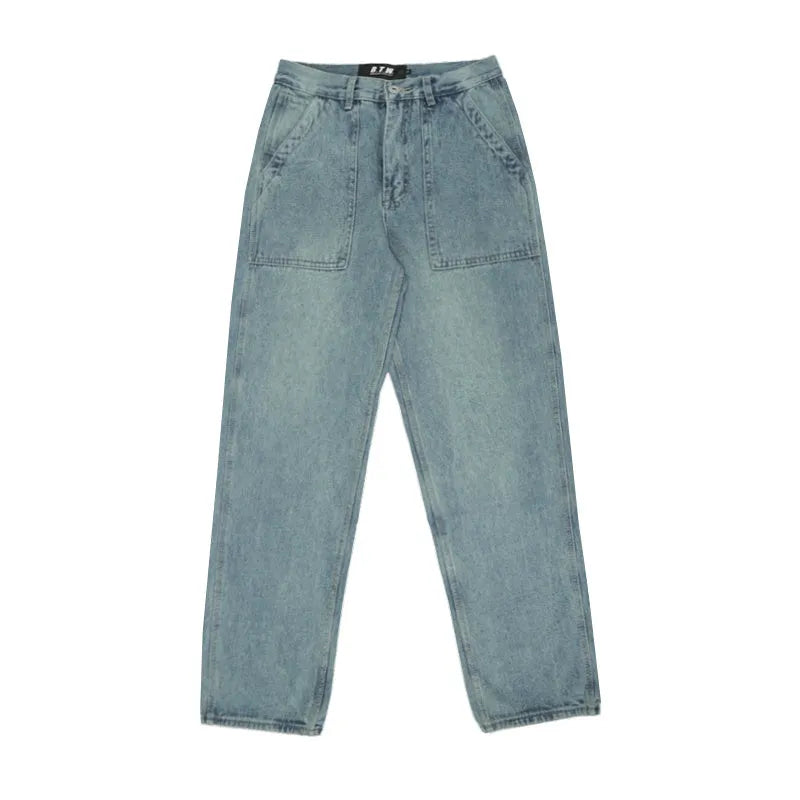 Mens loose straight vintage wide leg jeans in washed black denim, front view