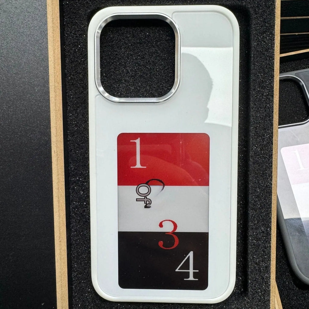 E-ink phone case for Apple iPhone with NFC screen projection displayed in black TPU, showing a custom image on the e-ink screen