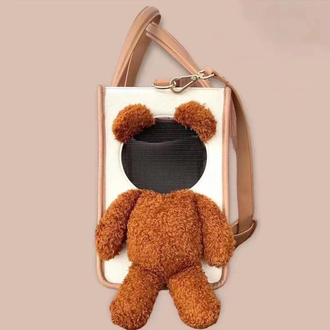 One-shoulder portable dog outing bag in white with brown, 30L capacity, made from PU material, pet product with animal print