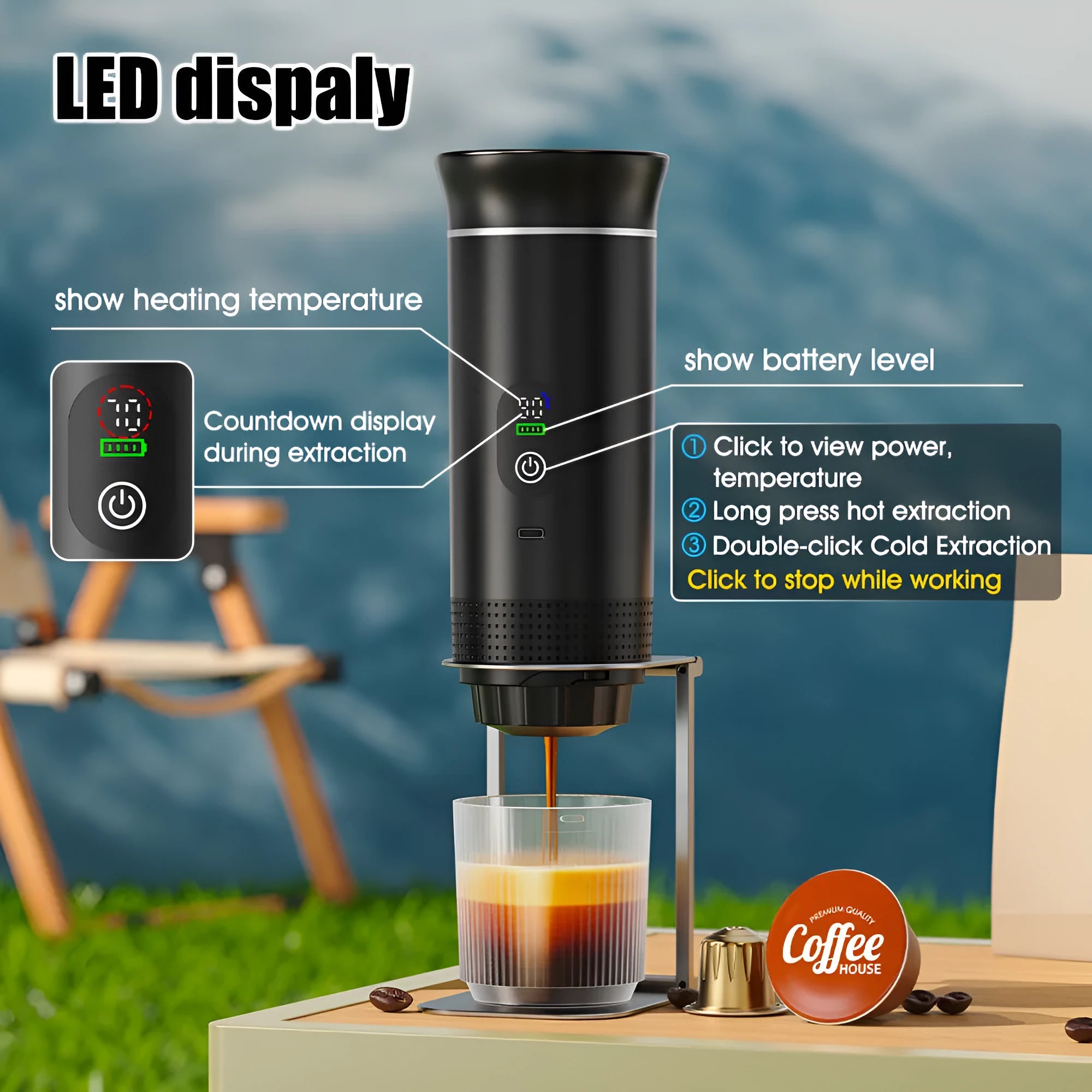 Portable electric capsule coffee machine in black colour with LCD display and compact design for outdoor use