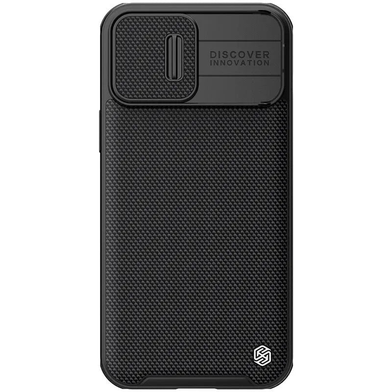 Black textured sliding back cover phone case for iPhone 13 Pro Max made from PC and TPU.