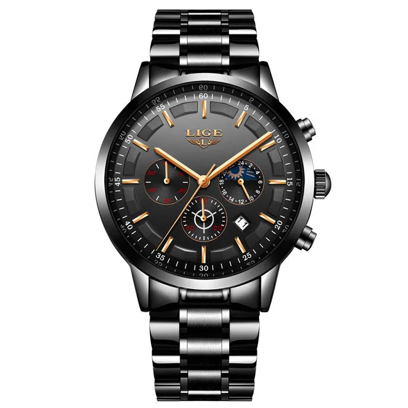 Men's waterproof quartz sports watch showing four colour options with 12mm case thickness