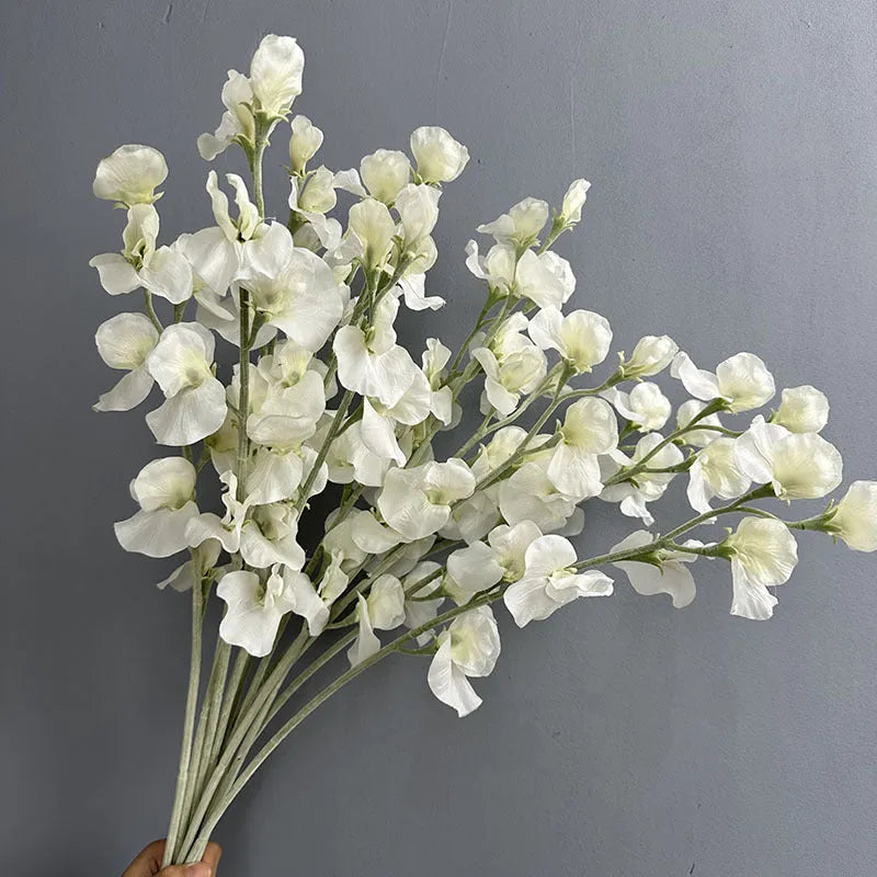 Purple flocking fragrant pea fake flower 63cm artificial silk stem on white background