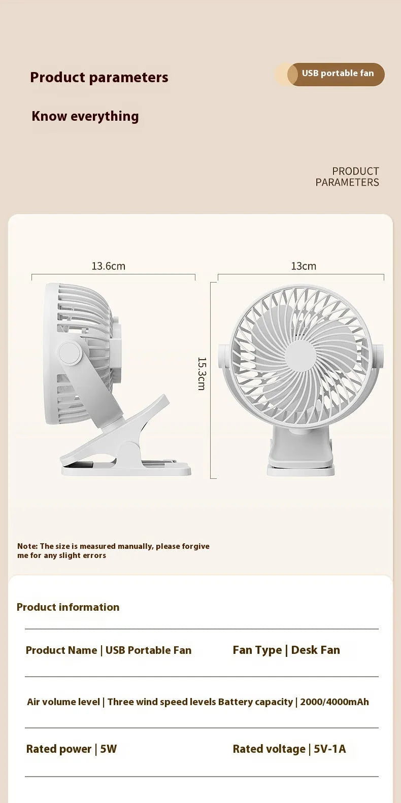 4-inch USB fan in white with three plastic blades and button controls on a desk