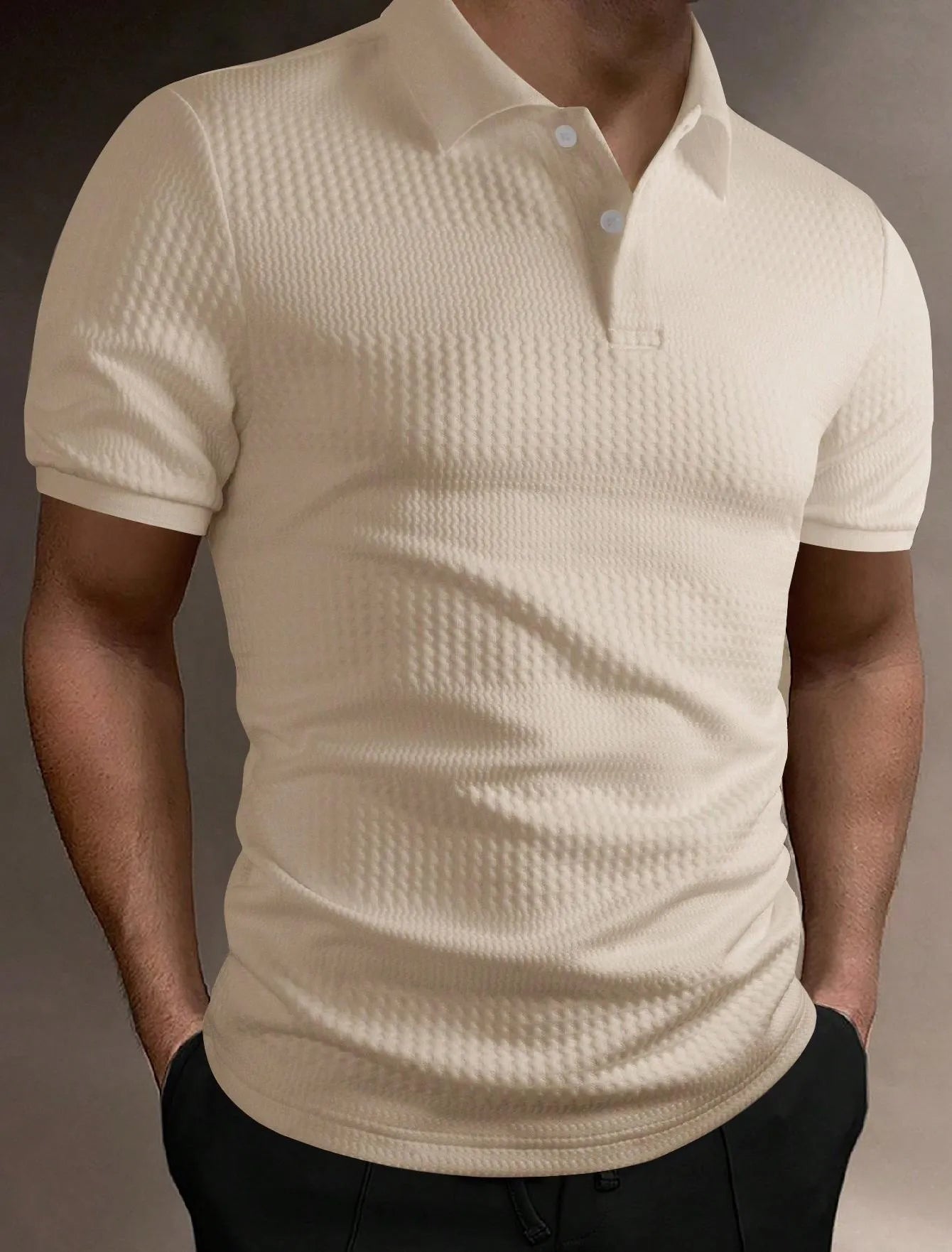Men's striped polo shirt in loose fit with short sleeves showing asymmetric design details