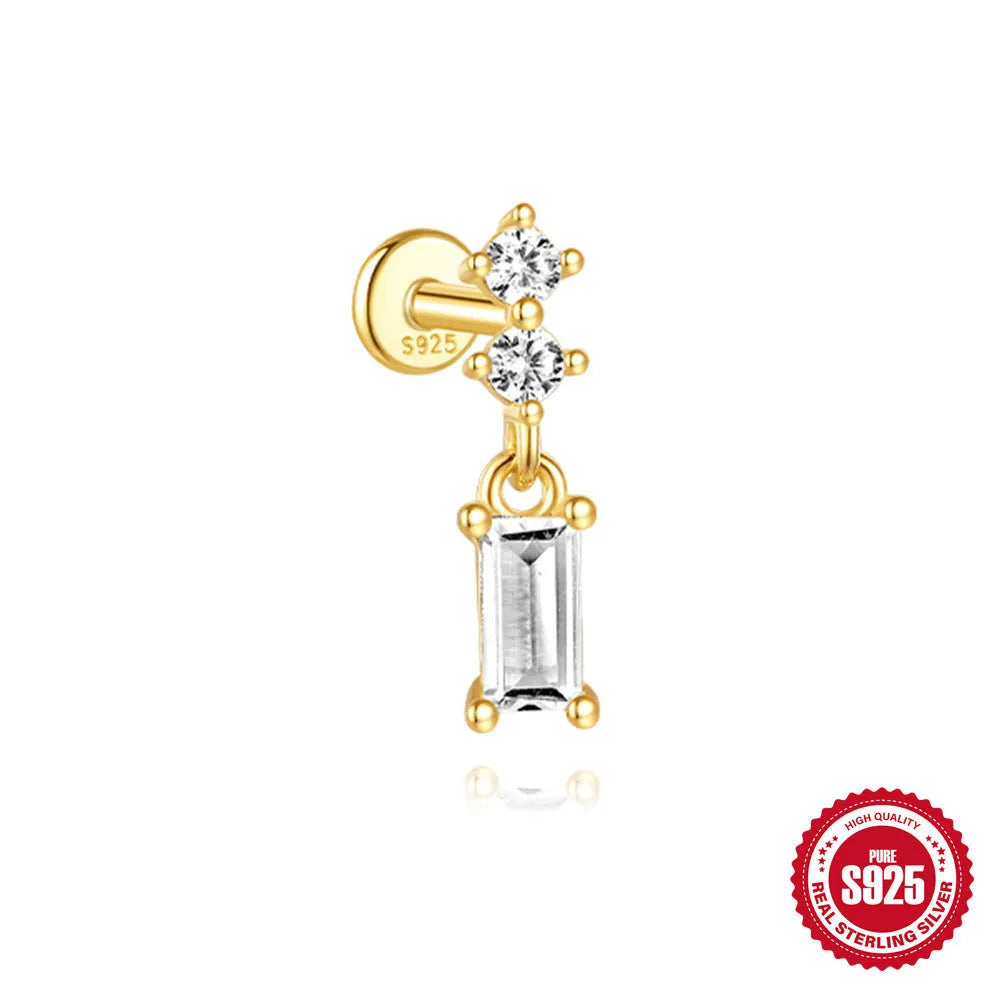 S925 sterling silver water drop shaped earrings with a flat spiral geometric design on a white background.
