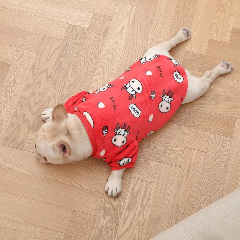 Fleece pet sweater in Chinese style, dark green cow pattern, on a small dog, size S