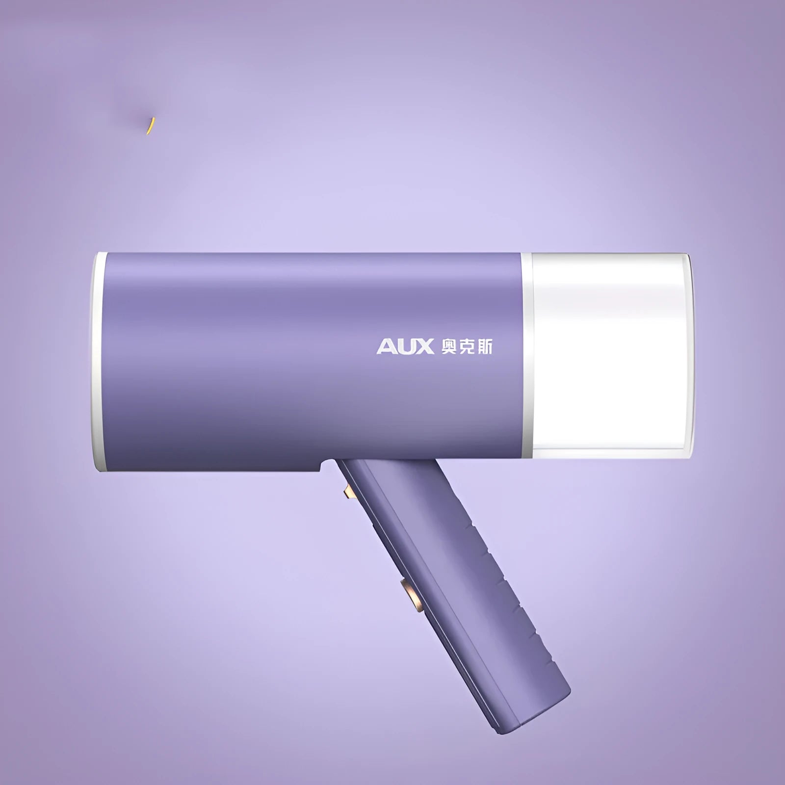 Foldable handheld clothes steamer in grey lotus root purple on a table.