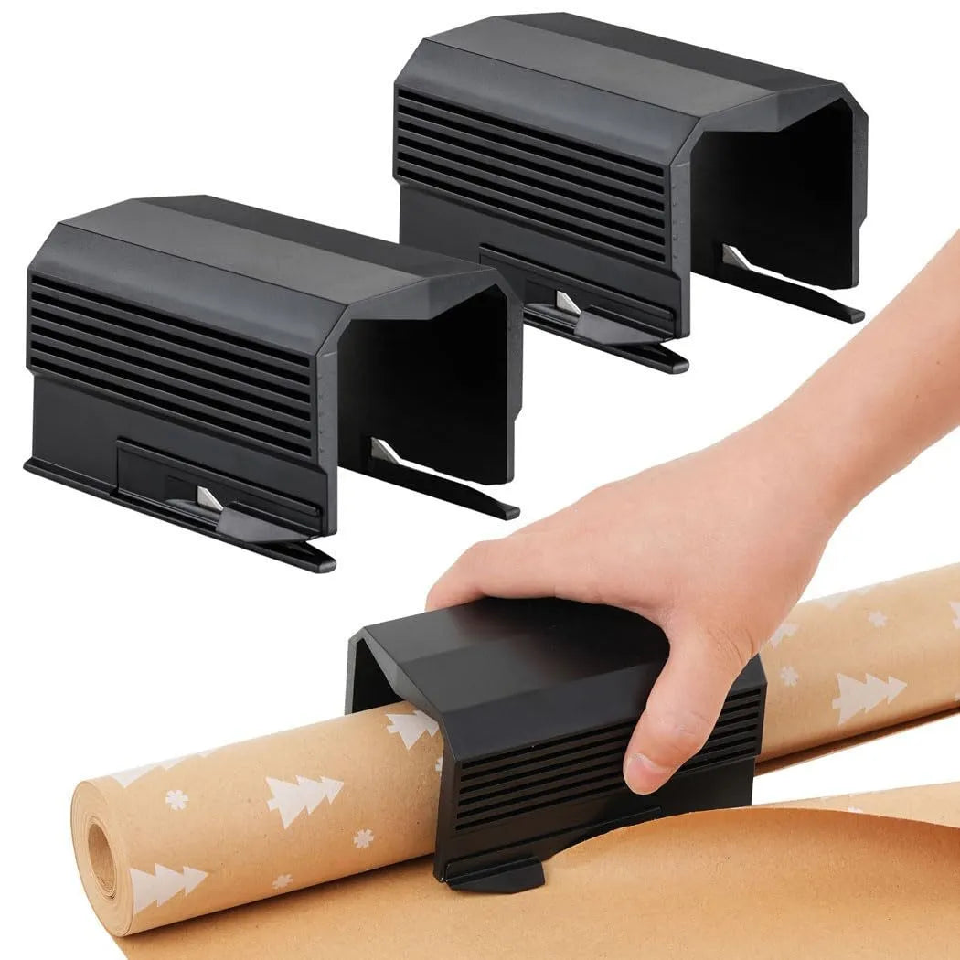 Injection moulded plastic paper cutter for roll paper scrolls in black, red or green