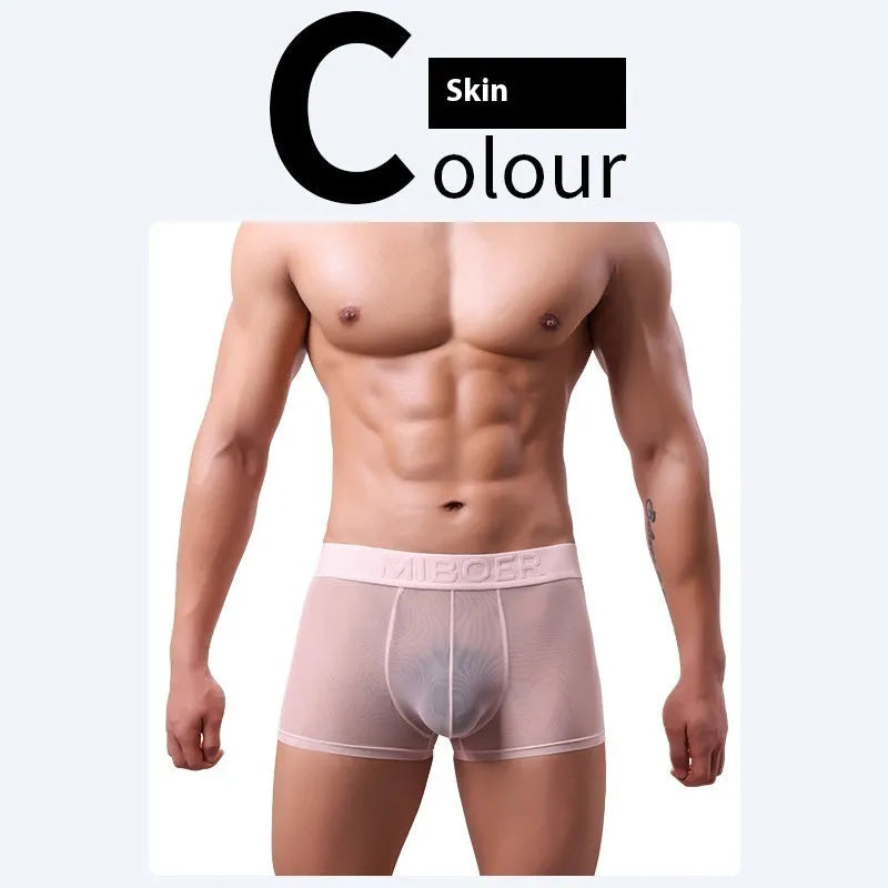 Men's thin invisible boxer shorts in quick-drying polyester fabric on a colour swatch showing black, white, blue, green, pink, and beige.