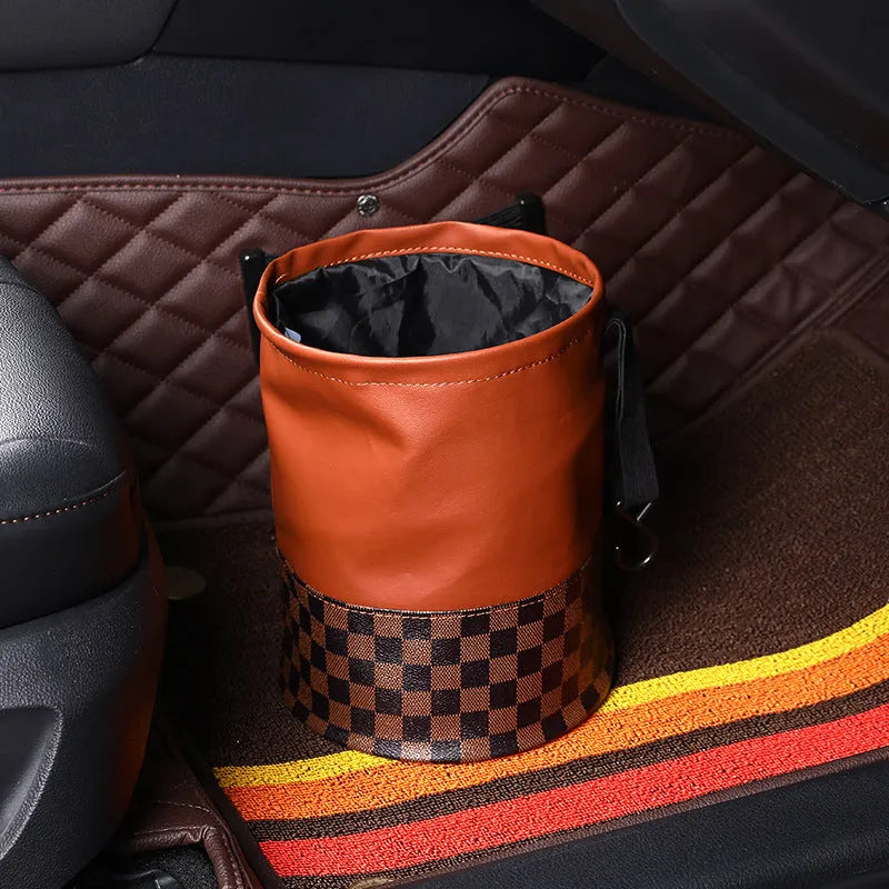 Retractable leather car bin in folded and expanded states showing handle and waterproof construction