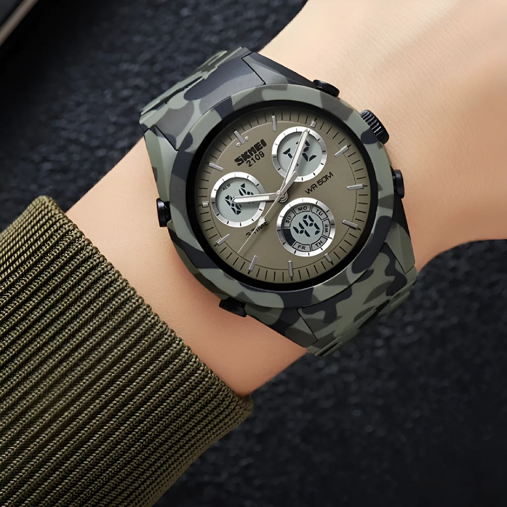 Men's and women's electronic casual watch with resin mirror, ABS case, and TPU strap in multiple colours including camouflage
