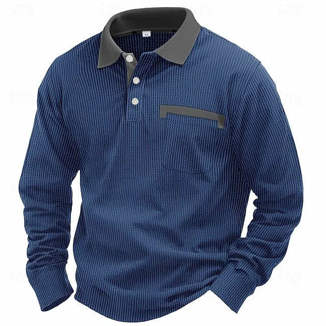 Man wearing a dark green waffle-knit long-sleeved polo shirt with an asymmetric design detail.