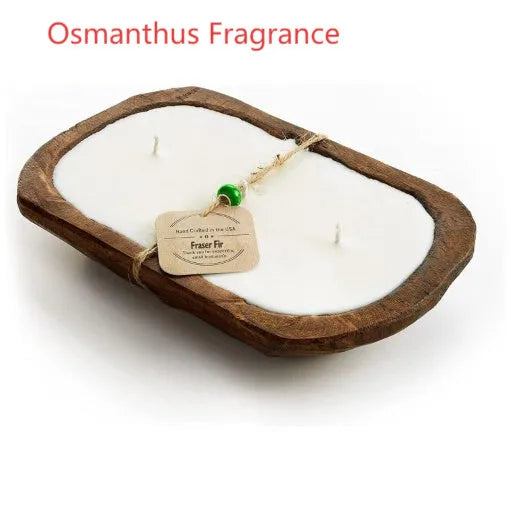 Retro wooden basin containing a soy wax aromatherapy candle with three wicks.