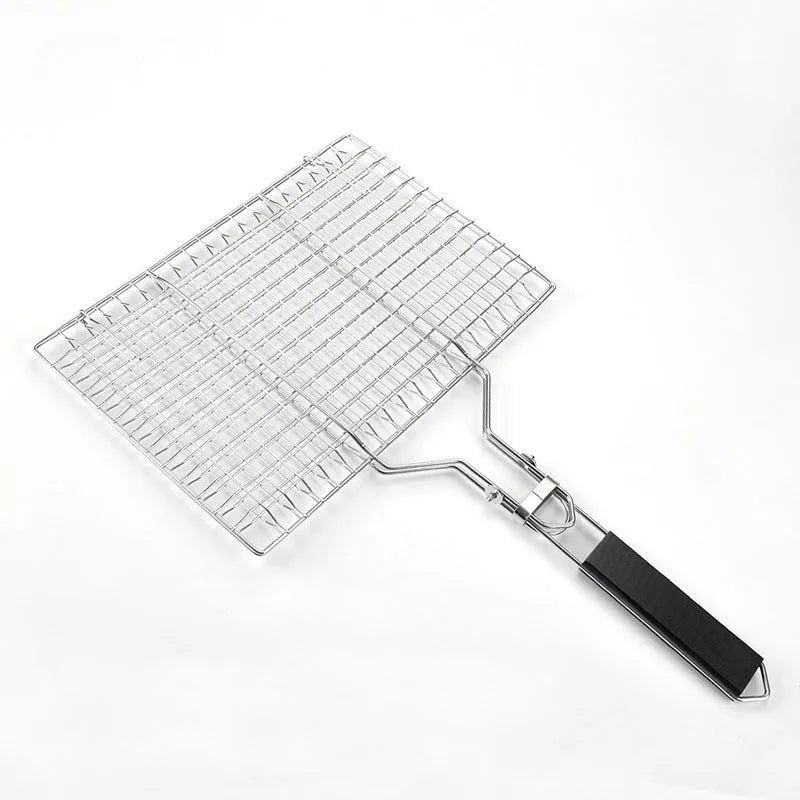 Square stainless steel barbecue mesh basket with folding handle and cleaning brush for outdoor grilling