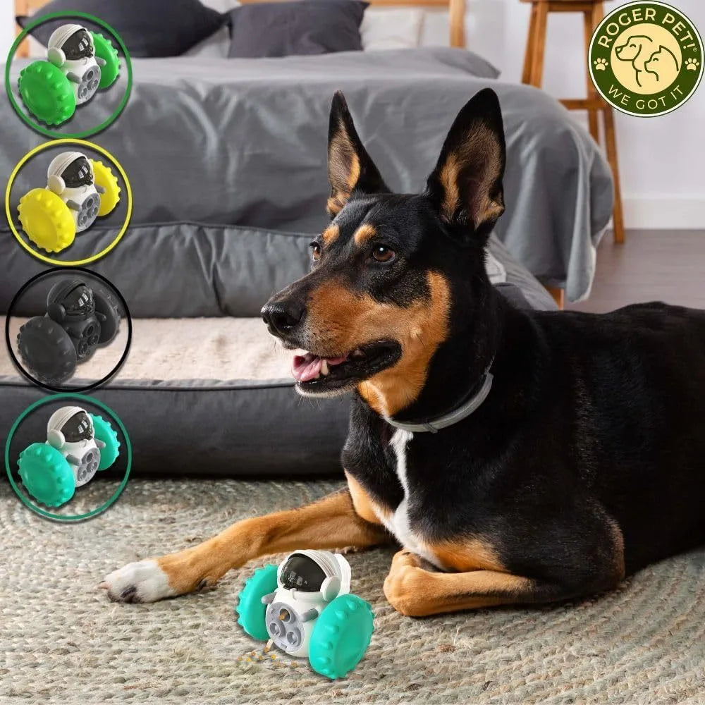 Robot design dog treat dispenser toy with roller mechanism in five colour options