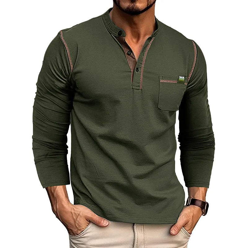 Men's long sleeve color matching cotton blend pullover shirt in six solid colours, sizes S to XXL