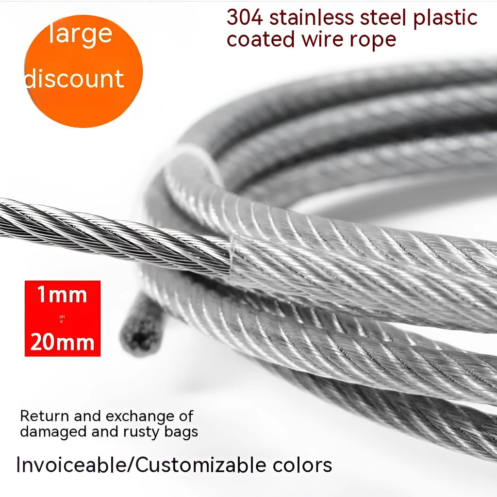 304 stainless steel coated security wire rope on a reel, showing its multi-strand construction and available thickness options.