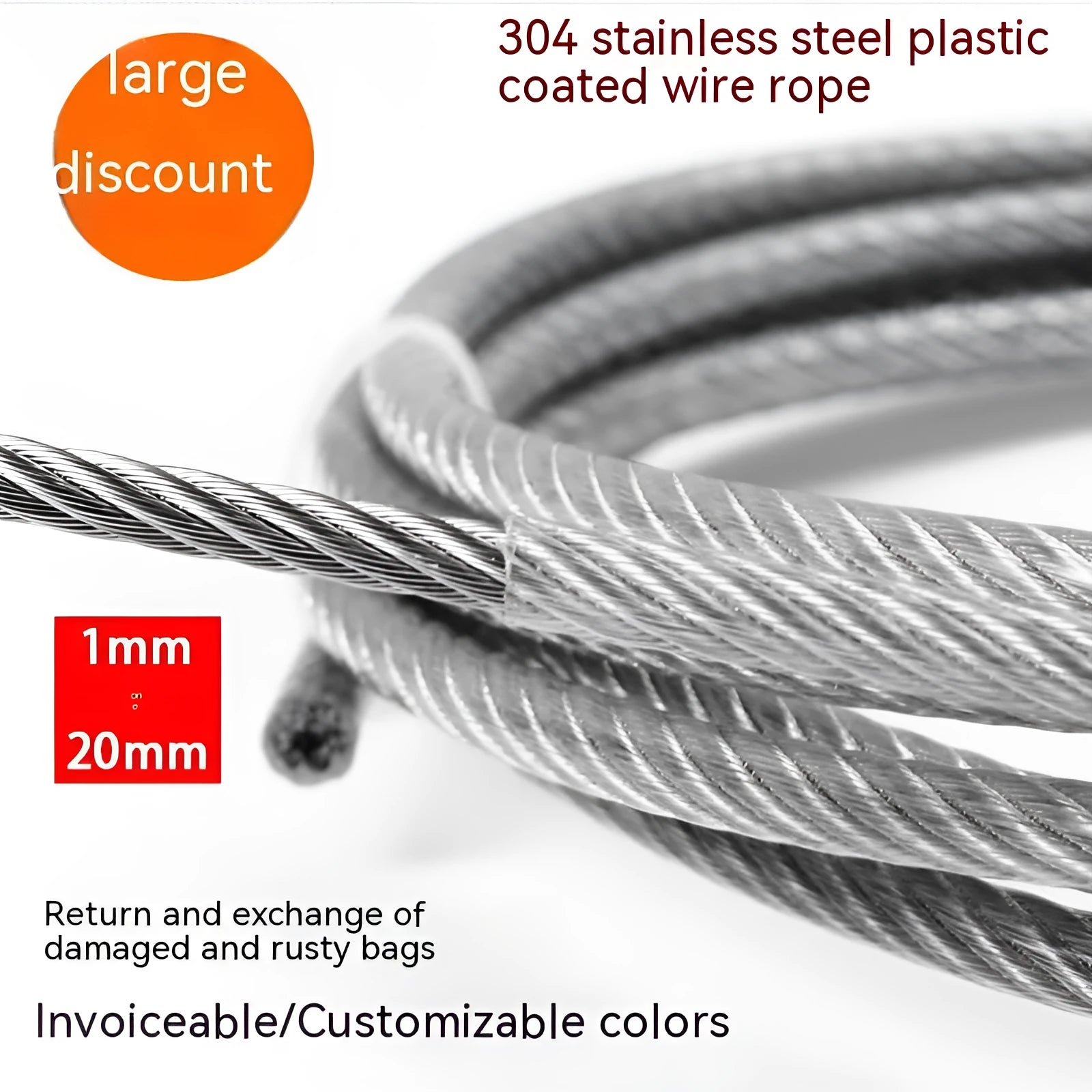 304 stainless steel coated security wire rope on a reel, showing its multi-strand construction and available thickness options.