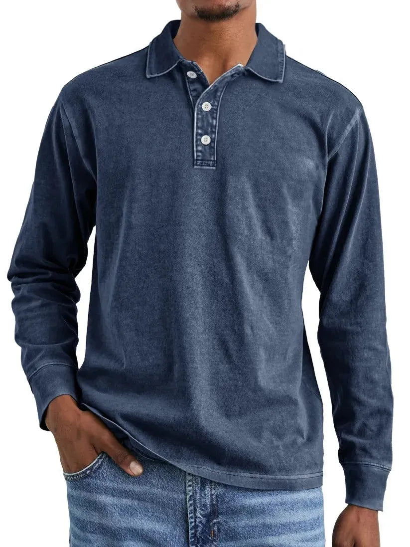 Men's long-sleeve distressed cotton polo shirt with a lapel collar in army green.