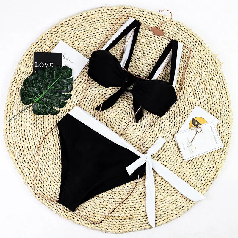 Black high-waist bikini set with matching top and European stitch briefs