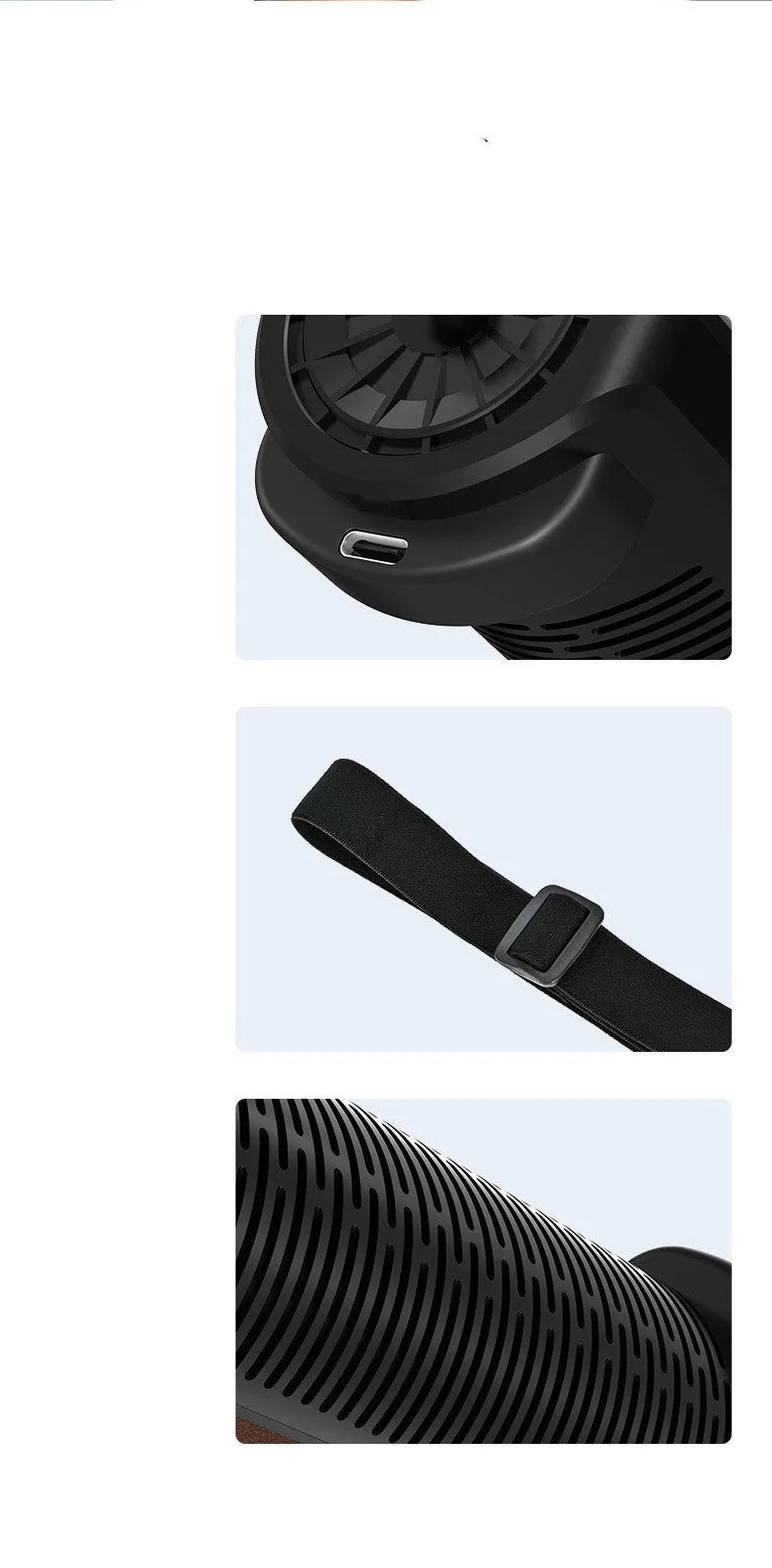 Compact black bladeless car fan with USB power cord, shown for rear vehicle ventilation.