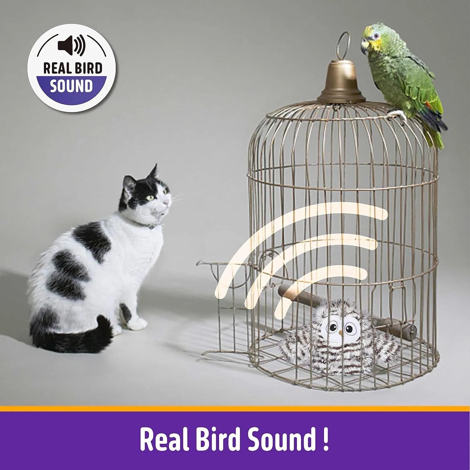 Grey automatic chirping owl cat toy with beating wings on a flat surface.