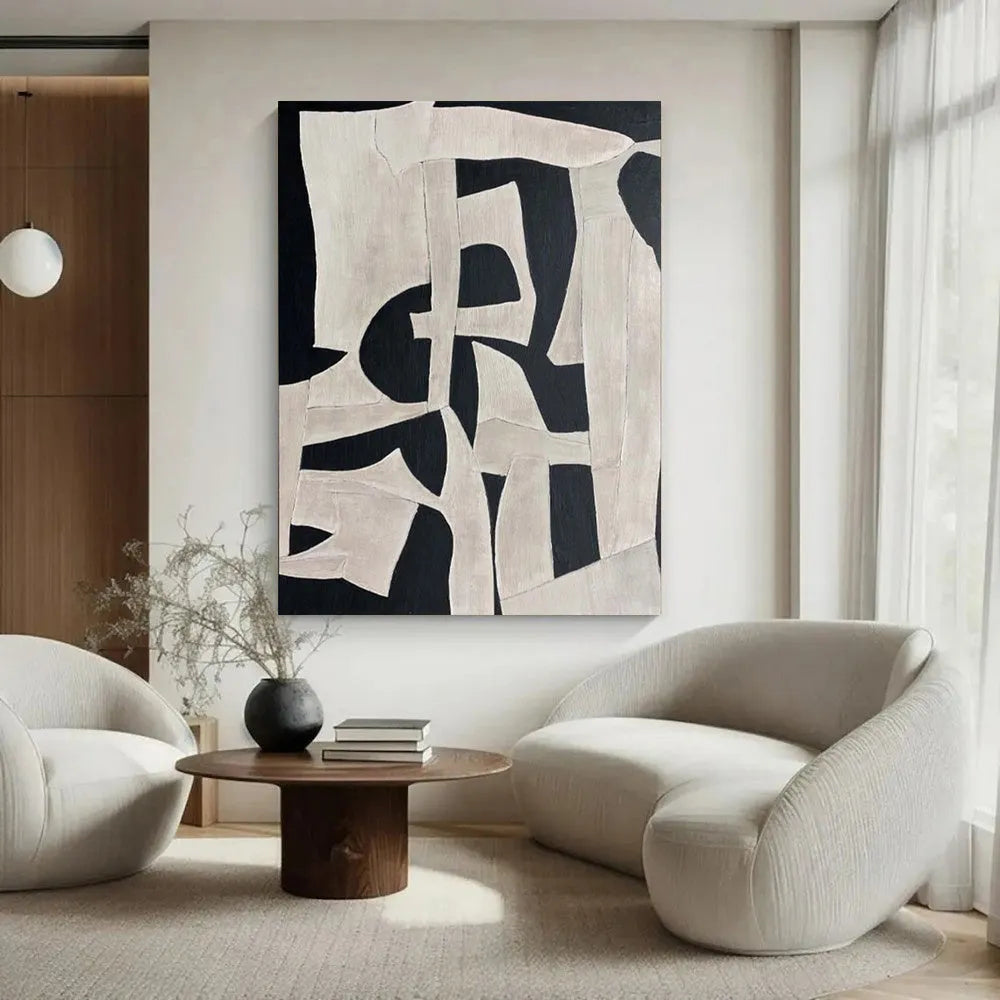 Handmade modern abstract black and white textured oil painting on canvas, rolled and unstretched, suitable for living room wall decor
