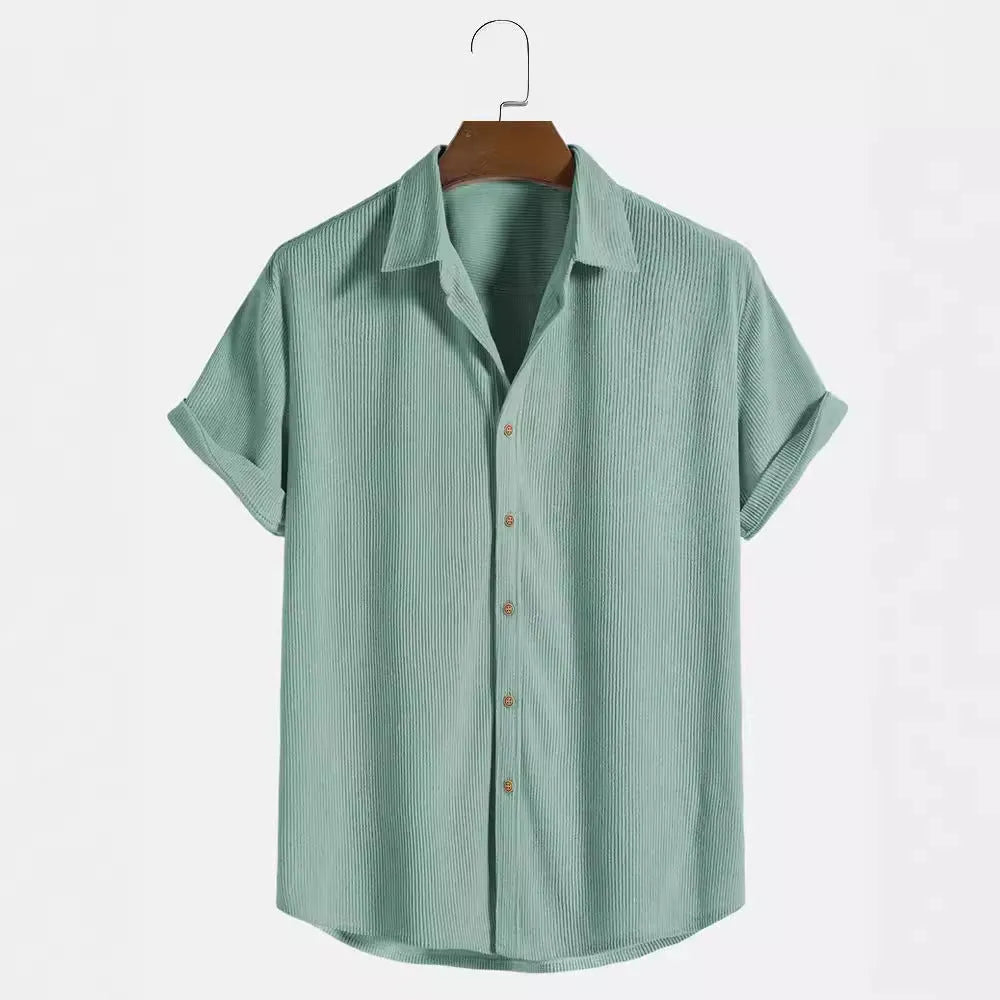Man wearing a casual short-sleeved polyester cardigan-style shirt in a GKESJ colour.