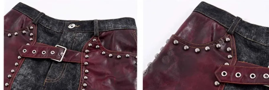 Red leather rivets vest coat with lapel collar and matching pants, Korean-style heavy industry design for men