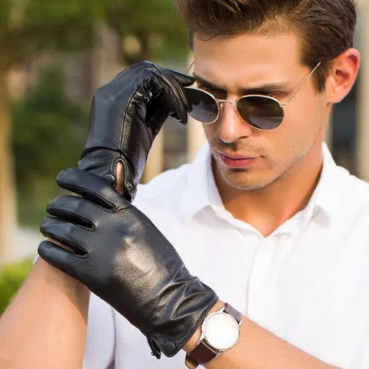 Black leather motorcycle riding gloves touch version unlined size L