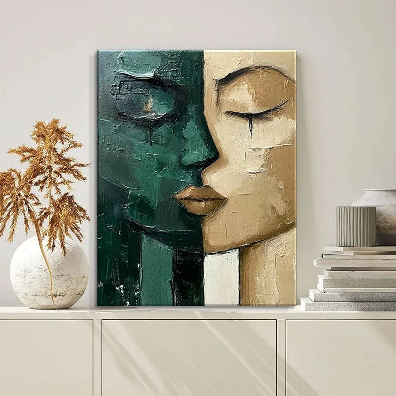 Hand-painted oil painting modern art green and beige abstract face on canvas wall decor for living room