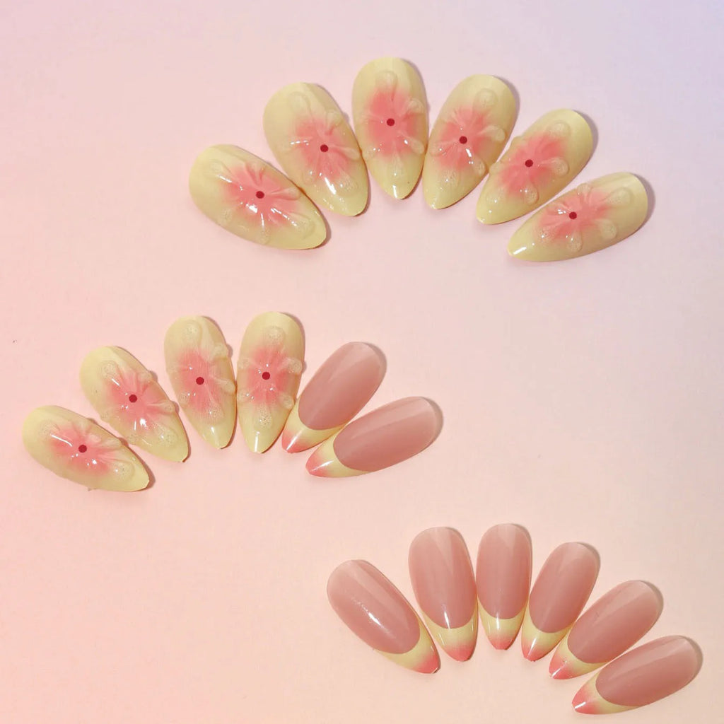 Set of detachable fake nails with 3D cartoon flower design on plastic armour, includes jelly glue.