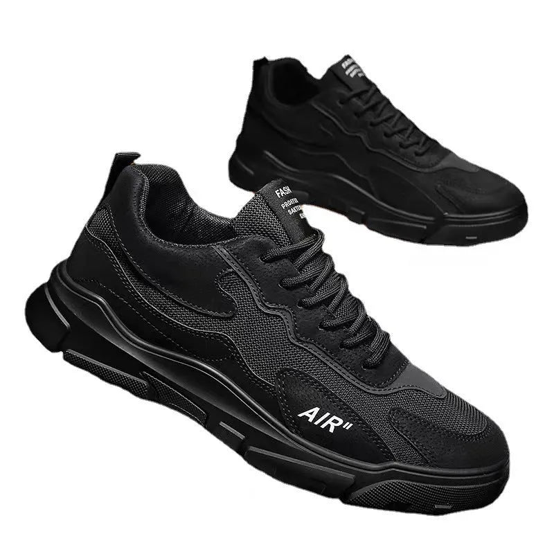 Men's black mesh fabric low top board shoes with front lace-up and plastic sole, side view
