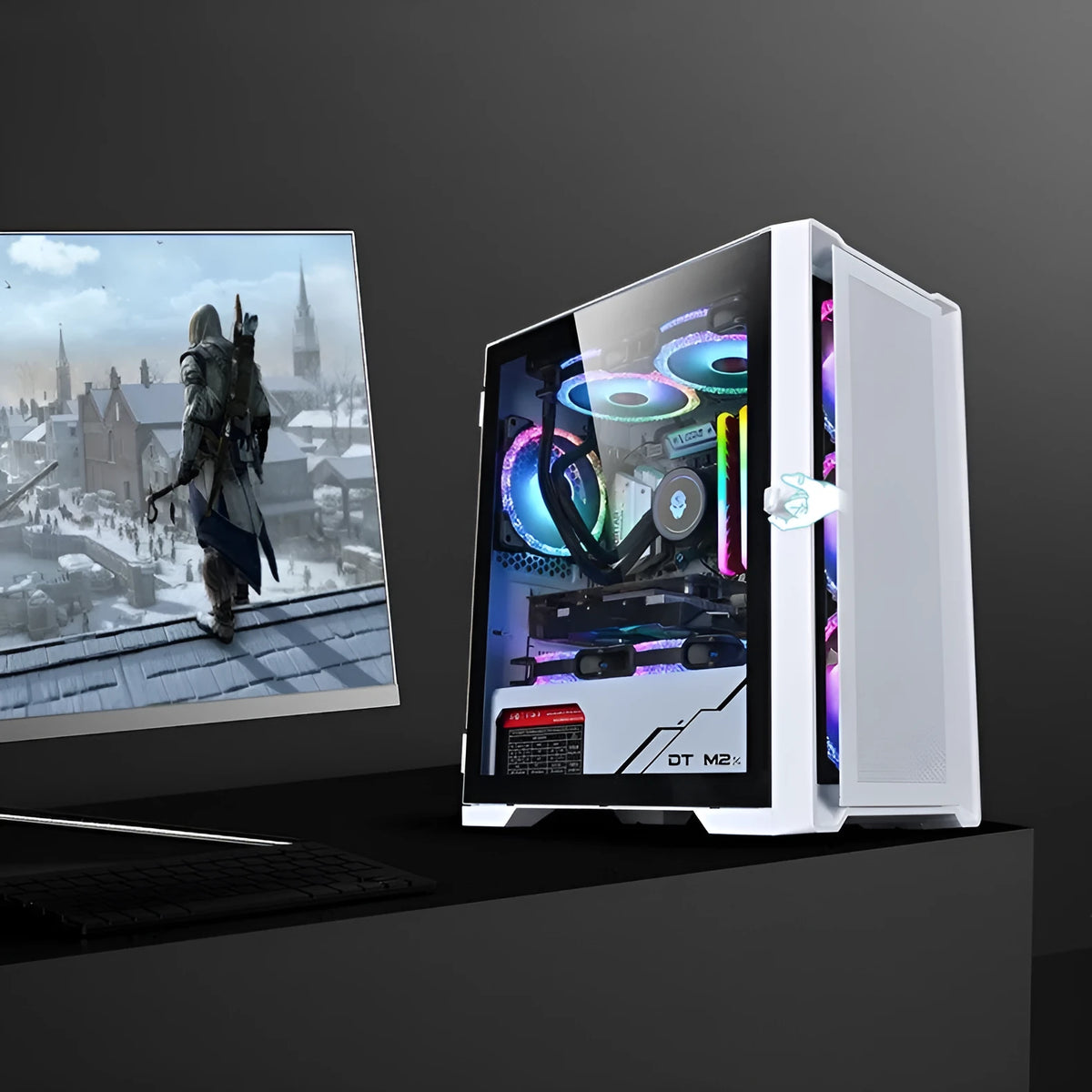 Wide body tempered glass computer case in black, vertical ITX chassis with USB 3.0 front panel