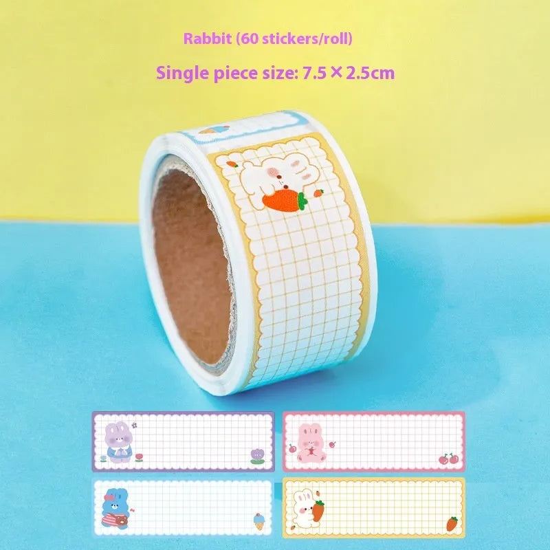 Roll of cartoon name stickers with dinosaur, astronaut, rabbit and girl design options