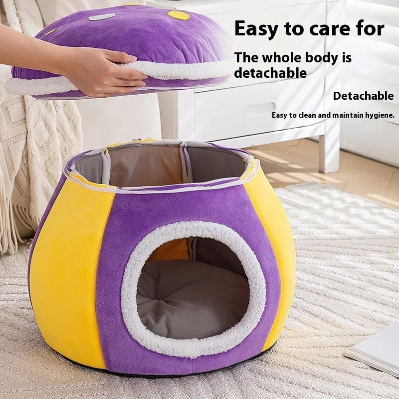 Mushroom-shaped cat nest with plush lining in grey, pink, or purple colours