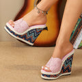 Women's linen wedge platform slippers with round toe and rubber sole in beige white colour