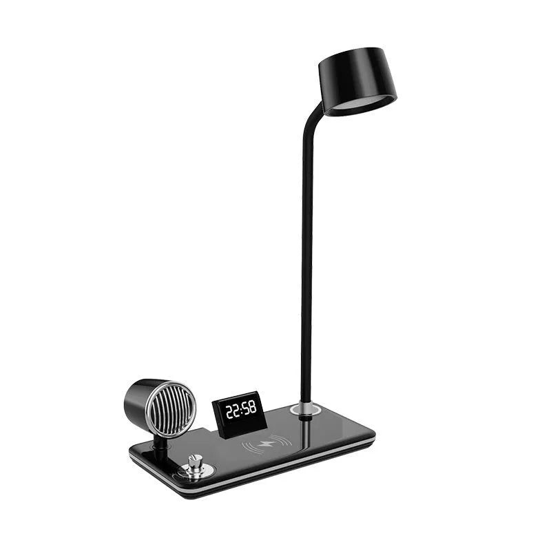 Black or white wireless charging desk lamp with digital clock display and LED eye-protection light