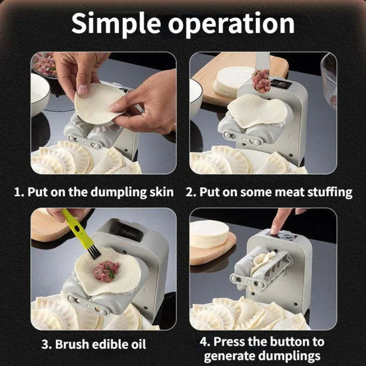 White automatic electric dumpling maker machine with charging cable, brush, and spoon.