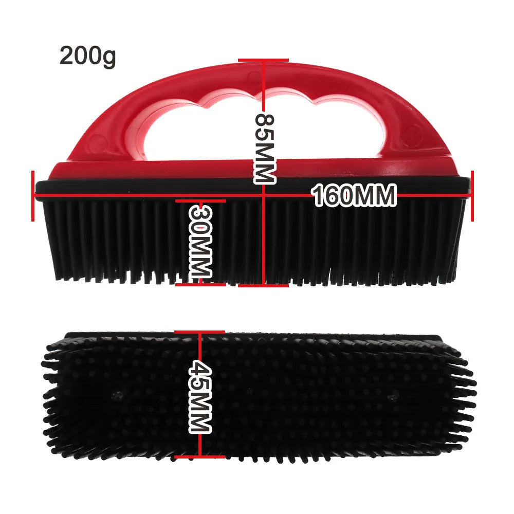 Red handheld pet hair removal brush measuring 160mm by 85mm for dog cat grooming and carpet cleaning