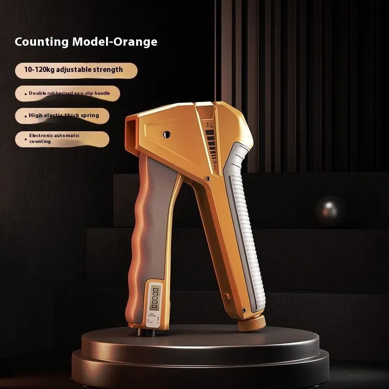 Adjustable hand gripper fitness equipment with a mechanical counter and dial on a coloured PP plastic frame.