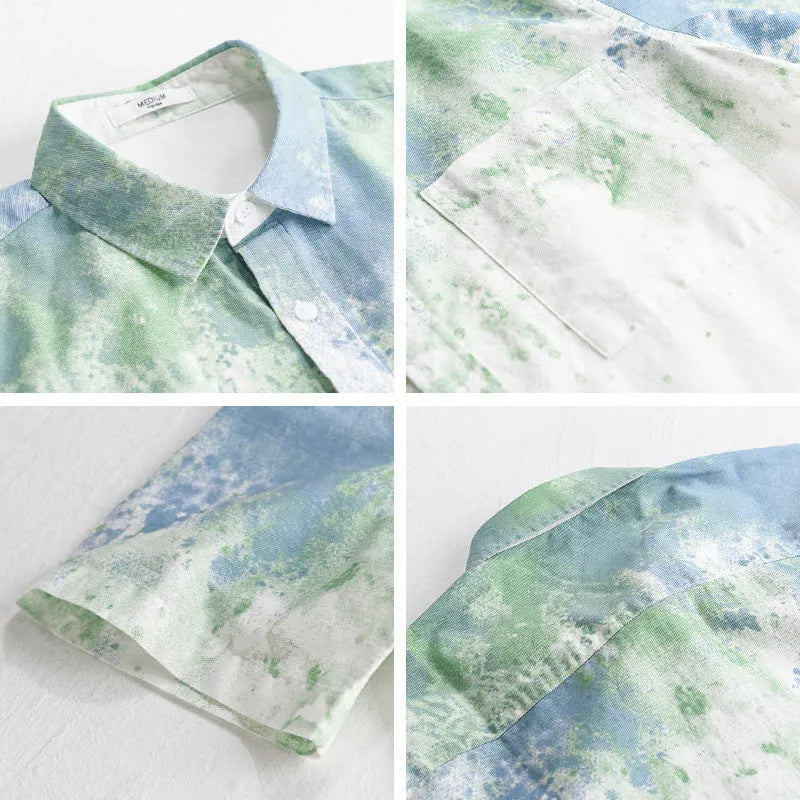 Men's hanging dyed pure cotton short-sleeved shirt in cardigan style with loose fit
