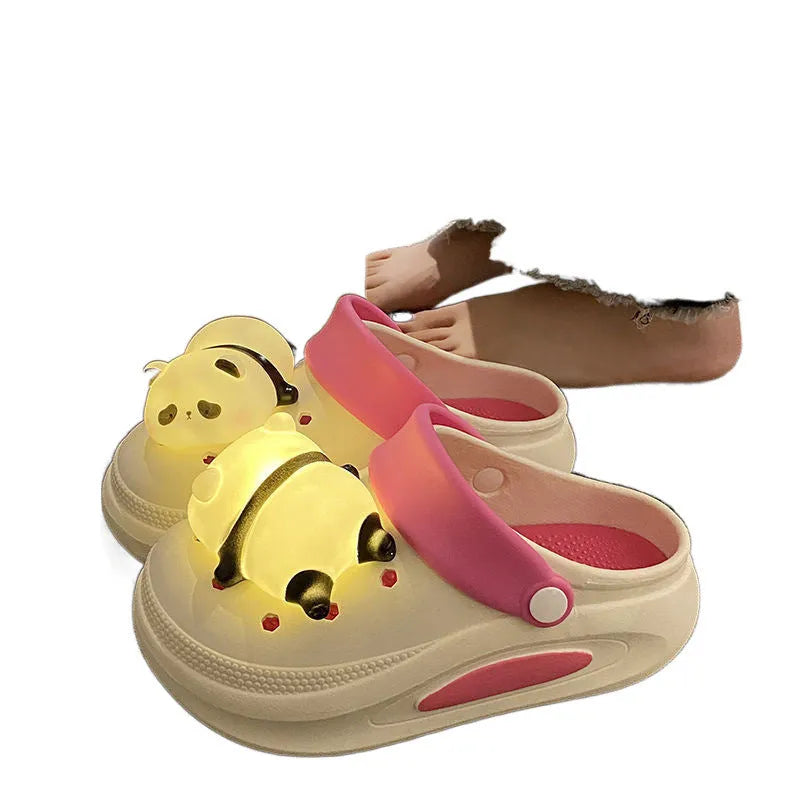 Women's anti-slip platform panda light hole slippers in Khaki, thick PVC sole, size 36-37